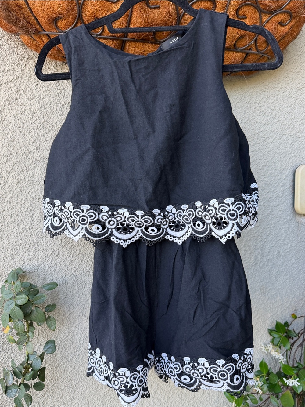 Aqua Black Romper with White Lace Trim